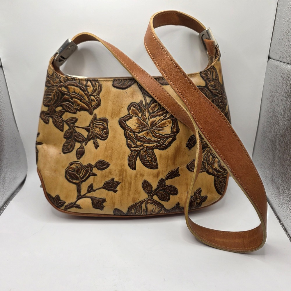 Cuoieria Fiorentina Italian Leather Embossed Floral Rose Hobo Shoulder Bag Tan